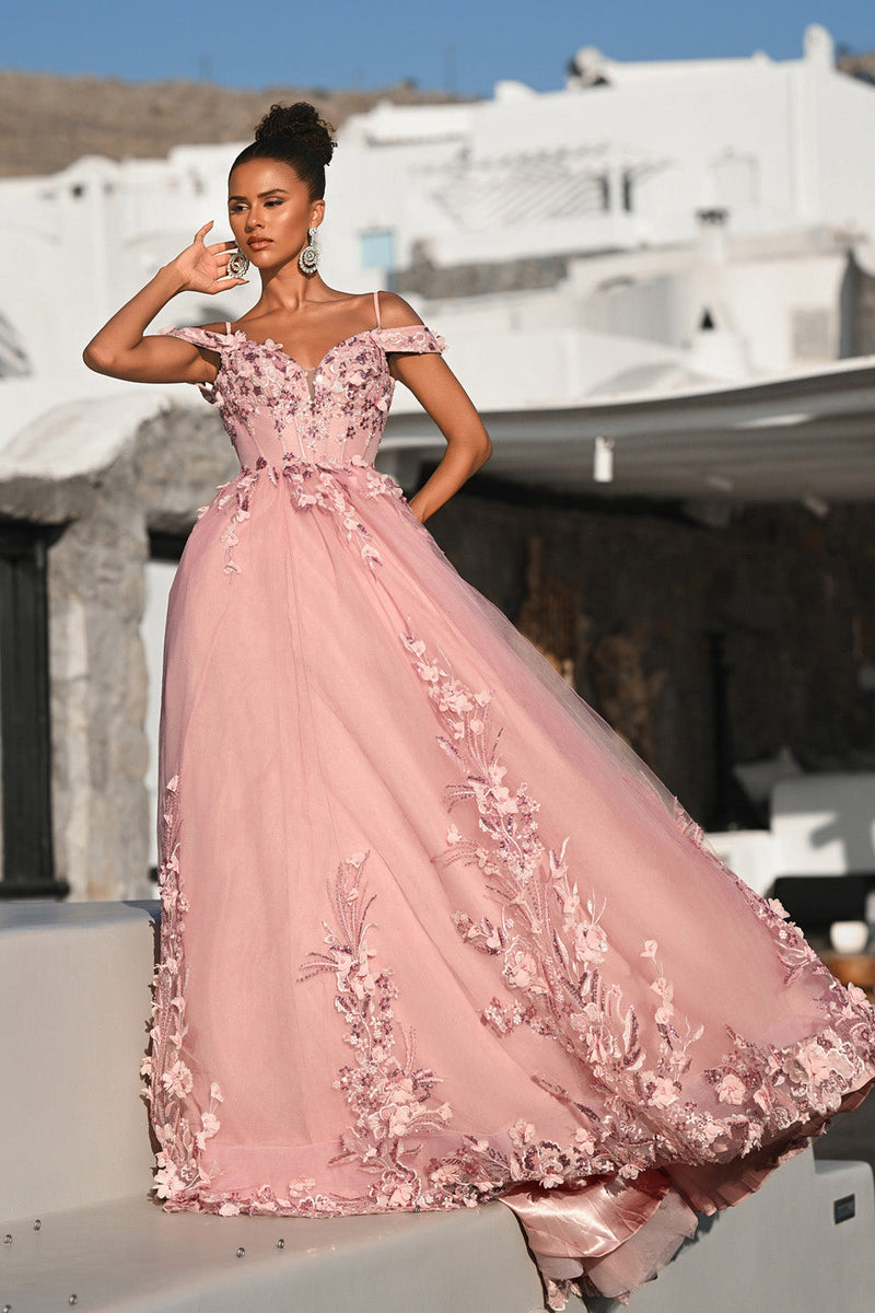 Pink Off-the-Shoulder Floor-Length Tulle Quinceañera Dress Floral Applique Portia & Scarlett PS26055