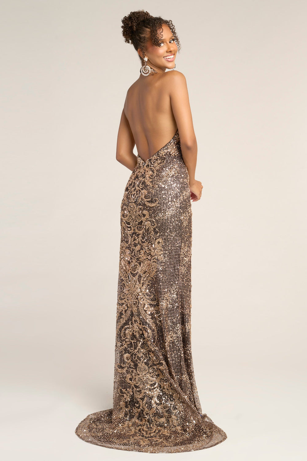 Black/Gold/Silver Halter Floor-Length Sequin Prom Evening Gown Geometric Pattern Portia & Scarlett PS26324E