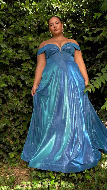 Cinderella Divine CD210C Prom Long Off Shoulder Metallic Plus Size Dress