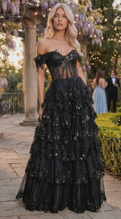 Long Corset Ruffled Off Shoulder Prom Dress  The Dress Outlet