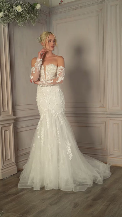 Cinderella Divine CD977W Off Shoulder Long Trail Wedding Dress