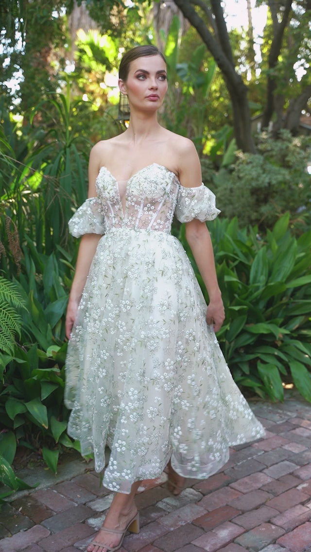 Ivory Green Andrea & Leo A1197 Off Shoulder Tea Length Dress for $325.0 ...
