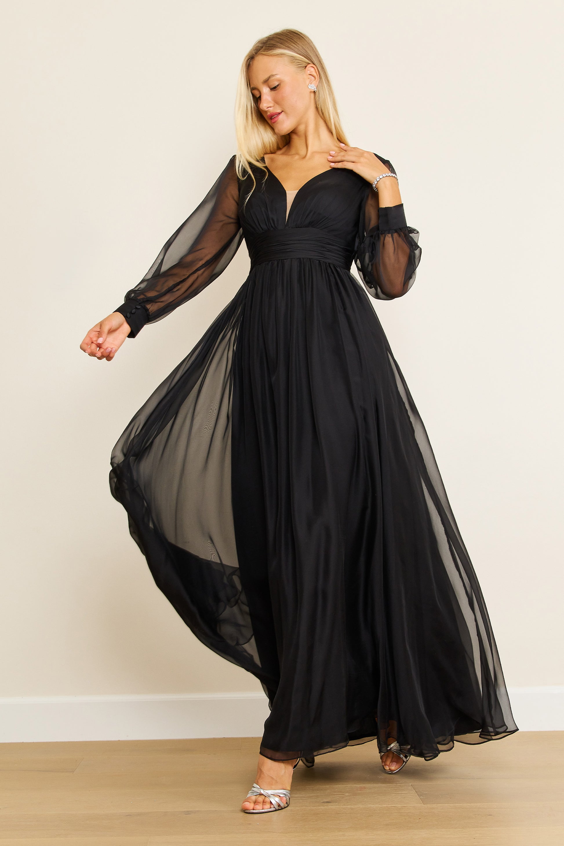 Long Sleeve Chiffon Black Formal Dress