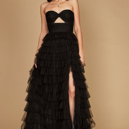 Black Strapless Prom Dress with Ruffle Tiered Skirt and Bow Detail SH735 main image 1