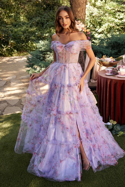 purple dress with flowers Andrea & Leo A1286 Floral Print Long Formal Prom Dress – The Dress Outlet