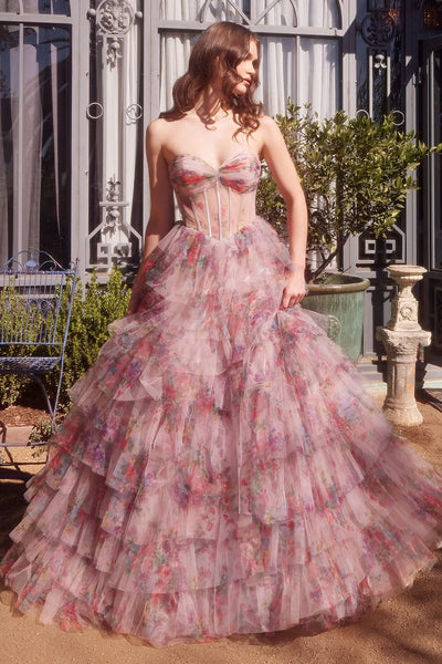 Andrea & Leo A1463 Long Ball Gown Floral Print Ruffle Corset Prom Dres   The Dress Outlet