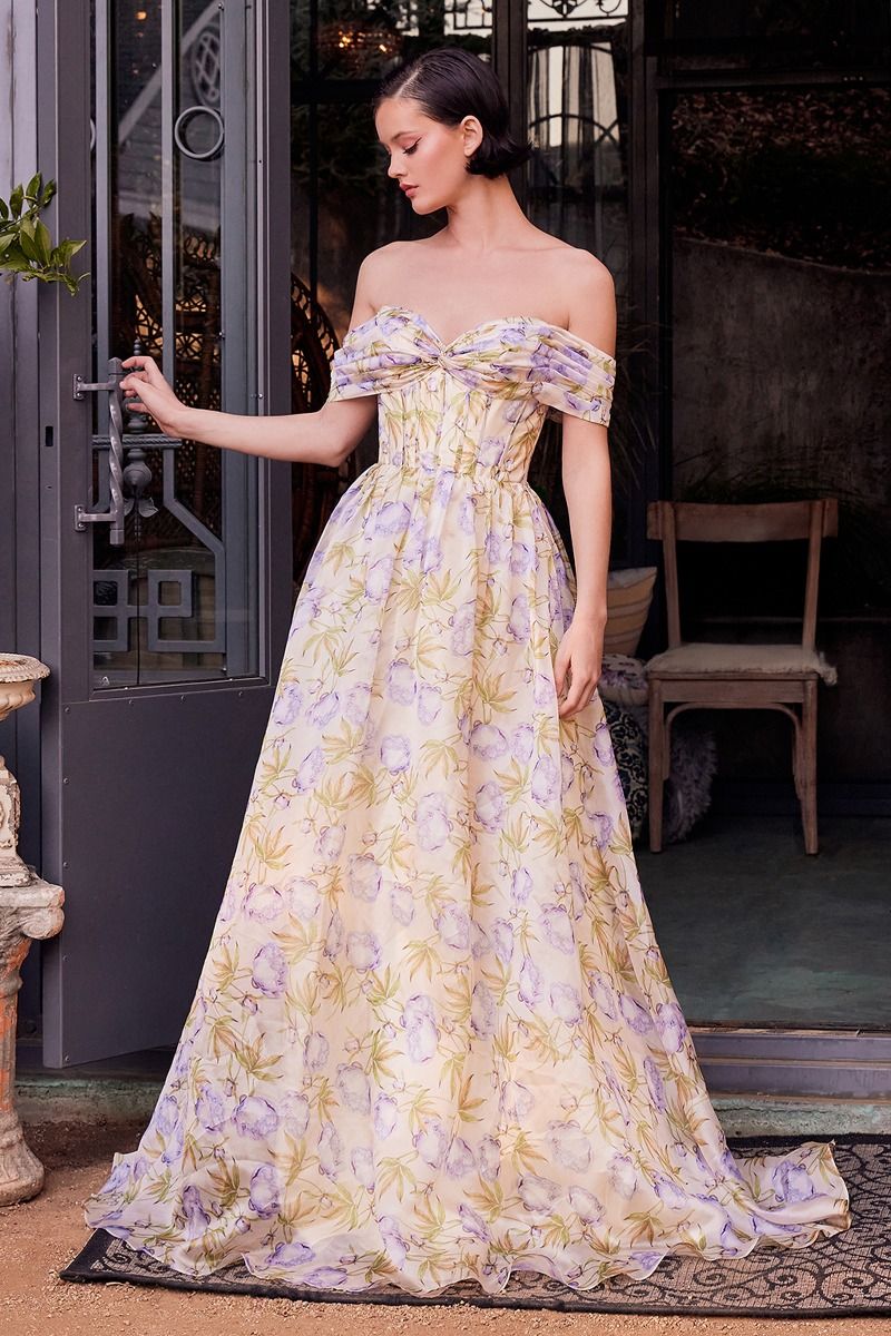 Andrea & Leo A1466 A Line Long Floral Printed Pattern Formal Prom Dress