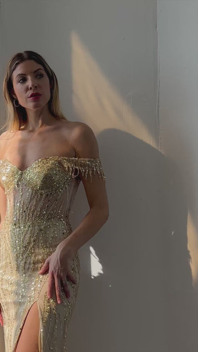 Fitted Off Shoulder Sequin Prom Evening Dress