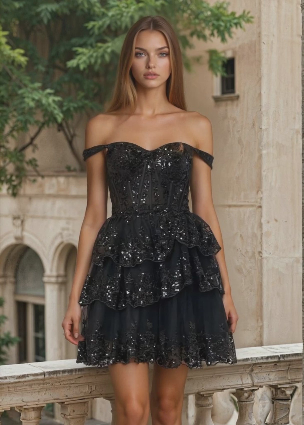 Elegant black off-shoulder cocktail dress with sequin embellishments, layered ruffle skirt, and fitted corset bodice, perfect for prom, homecoming, or evening parties