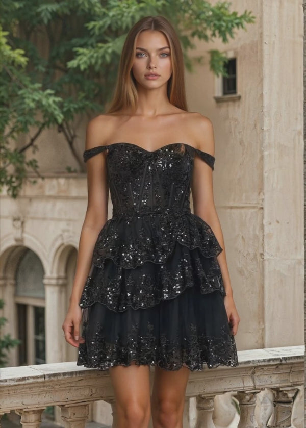Elegant black off-shoulder cocktail dress with sequin embellishments, layered ruffle skirt, and fitted corset bodice, perfect for prom, homecoming, or evening parties