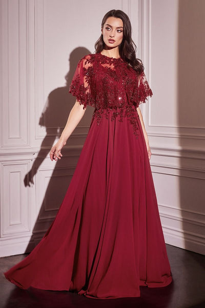 Ladivine CDS503 Chiffon A Line Beaded Lace Dress w/ Removable Cape, Black / 10 Ladivine CDS503 Chiffon A Line Beaded Lace Dress w/ Removable Cape, Black / 10