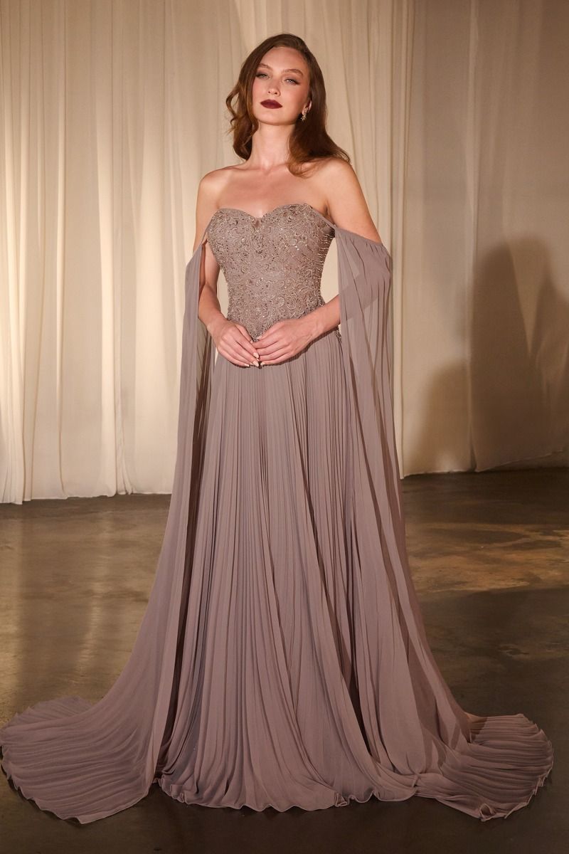 LaDivine CJ937 Long Prom Formal Pleated Cape Dress