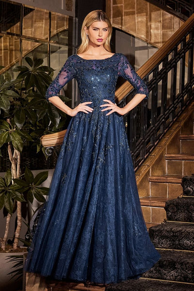 Ladivine CK2401 A Line Lace & Tulle Gown, Smoky Blue / 10 Ladivine CK2401 A Line Lace & Tulle Gown, Smoky Blue / 10