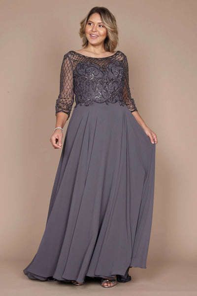 hand beaded long sleeve mother of the bride dress reviews La Femme Women's A-Line Lace and Beaded Mother of the Bride Gown - Blue