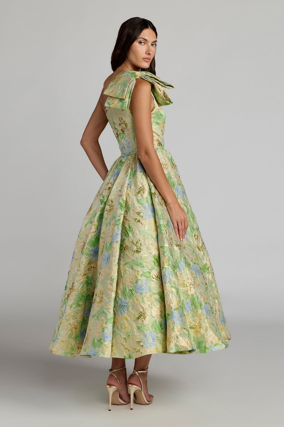 Green Multi One-Shoulder Tea-Length Embroidered Silk Gala Ball Gown Mac Duggal 69160