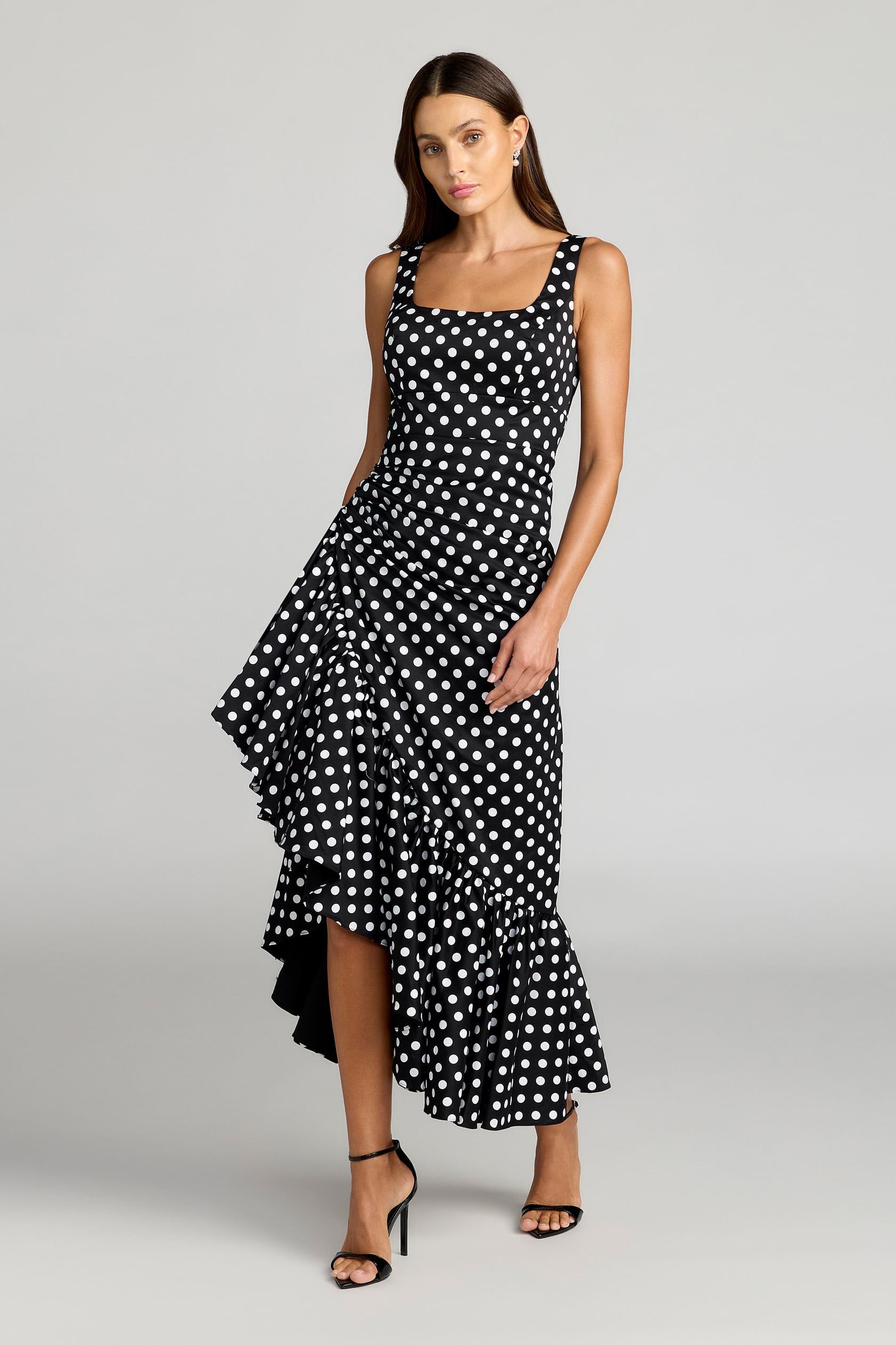 Square Neck High-Low Polka Dot Cocktail Dress with Ruffled Skirt Mac Duggal  27780  The Dress Outlet