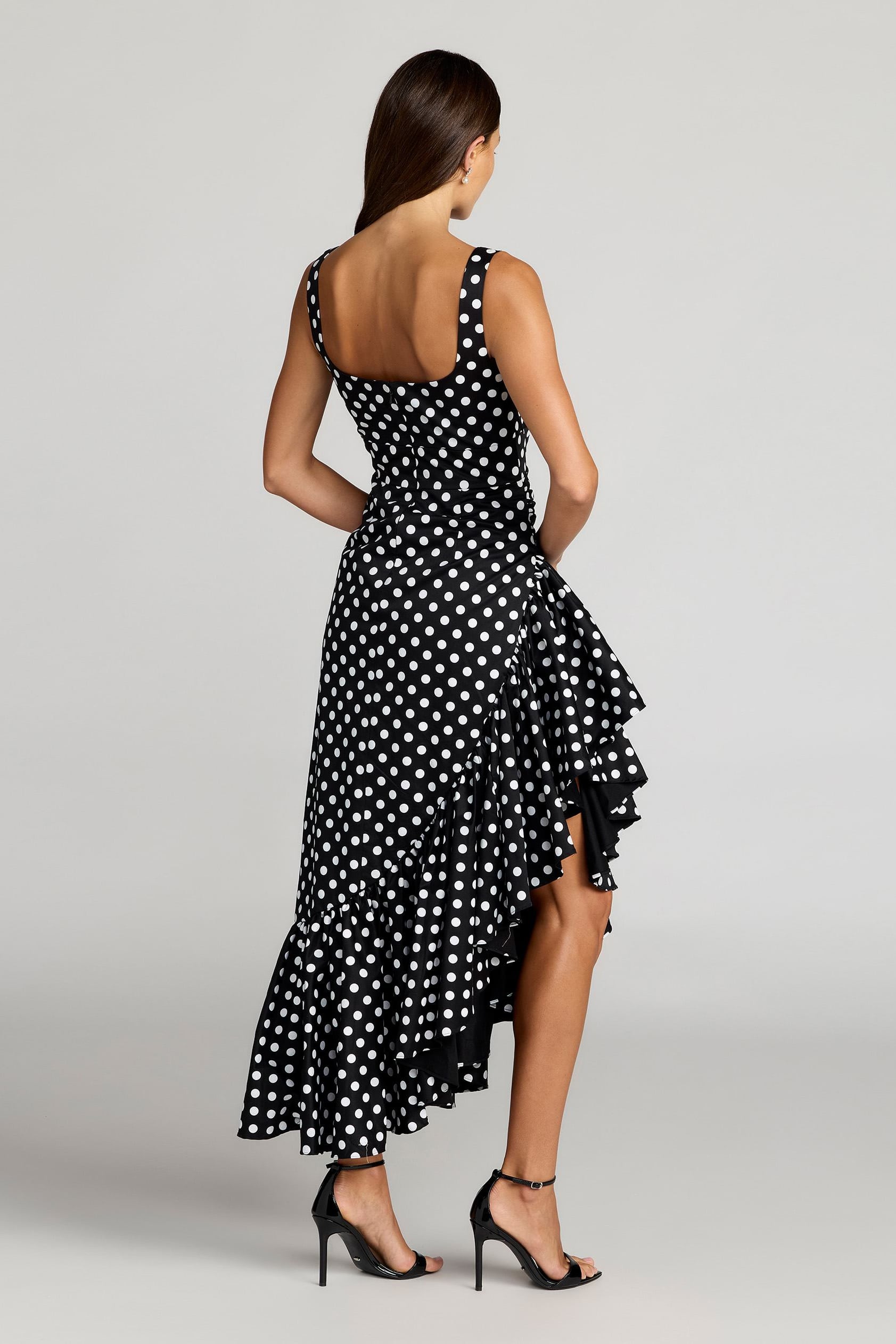 Square Neck High-Low Polka Dot Cocktail Dress with Ruffled Skirt Mac Duggal 27780 The Dress Outlet Square Neck High-Low Polka Dot Cocktail Dress with Ruffled Skirt Mac Duggal 27780 The Dress Outlet