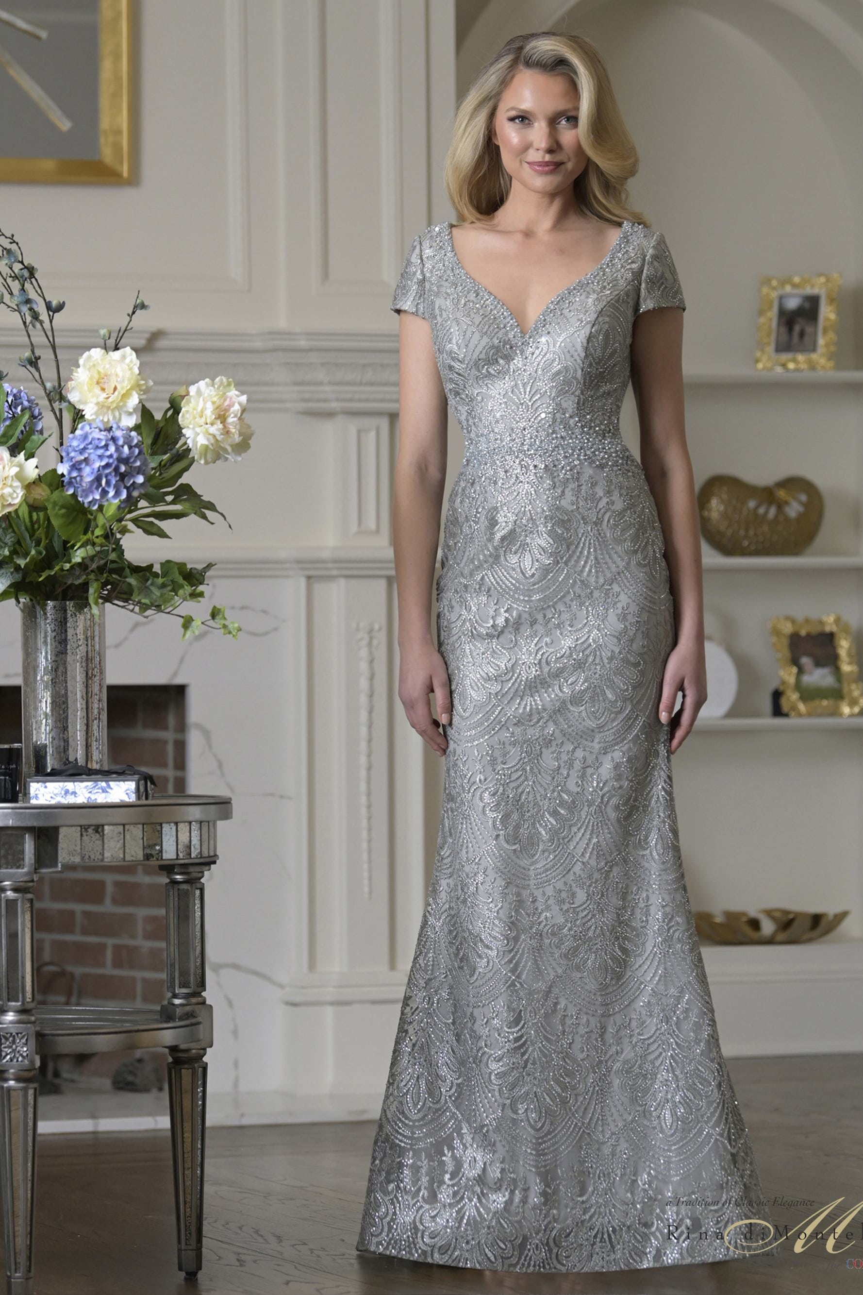 V-Neck Floor-Length Lace Formal Sheath Rina di Montella RD3532
