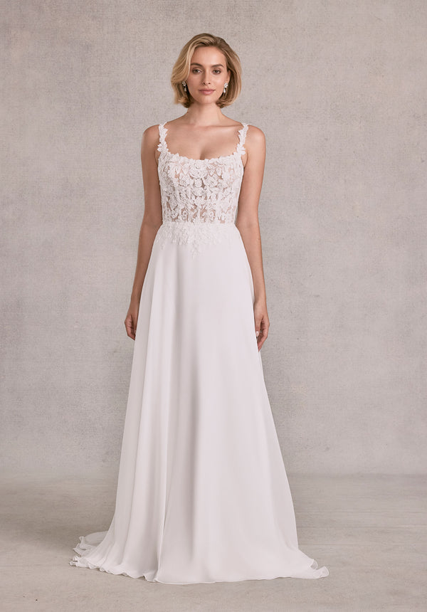 MGNY Madeline Gardner New York 15108 A Line Corset Long 3D Floral Applique Wedding Dress