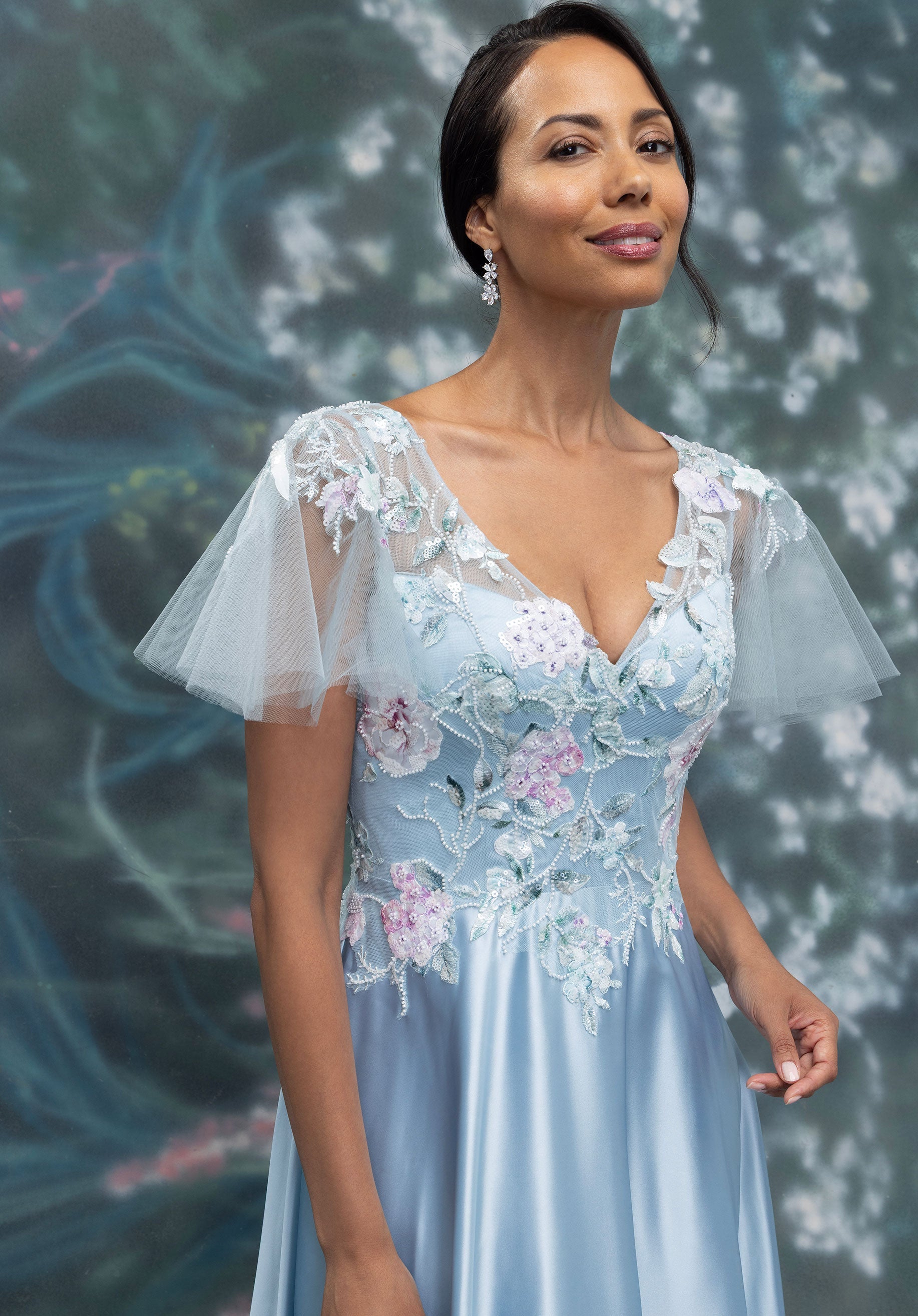 dress photo blue gold MGNY Madeline Gardner New York 2070006 Long Floral Mother of the Bride Dress