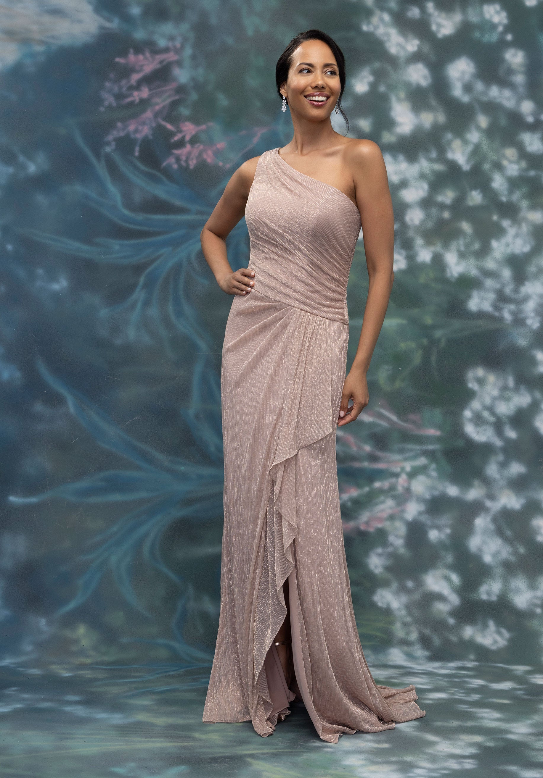 Formal Dresses Ruffle Metallic Long Formal Dress Rose Gold