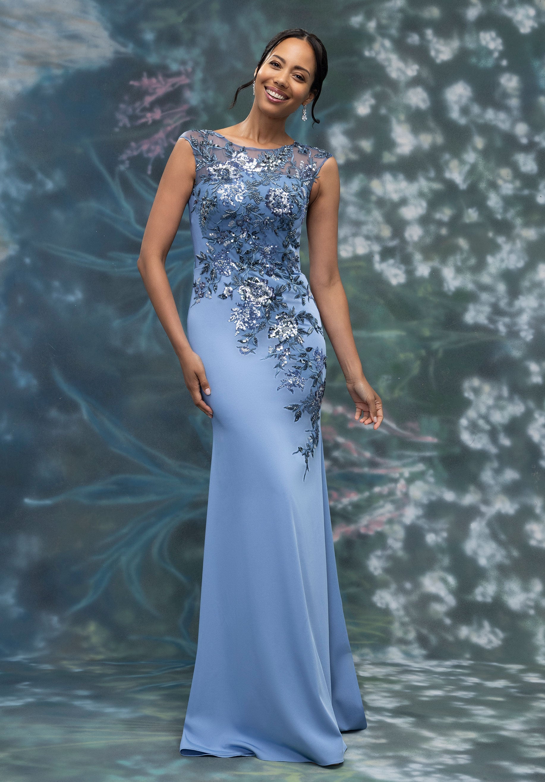 Formal Dresses Floral Beaded Long Formal Dress Navy
