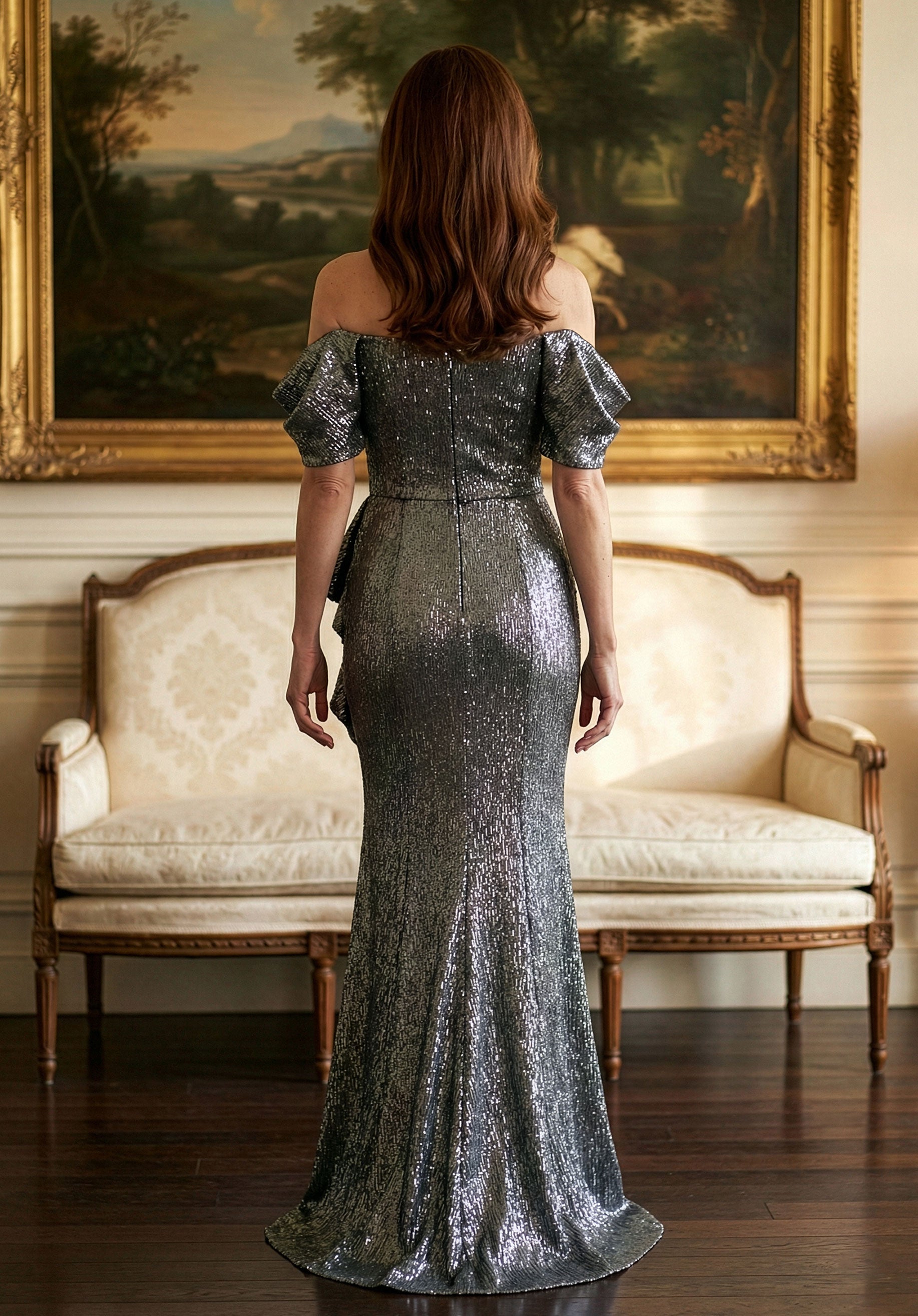 Off-the-Shoulder Floor-Length Sequin Formal Sheath Column MGNY Madeline Gardner New York 2070035