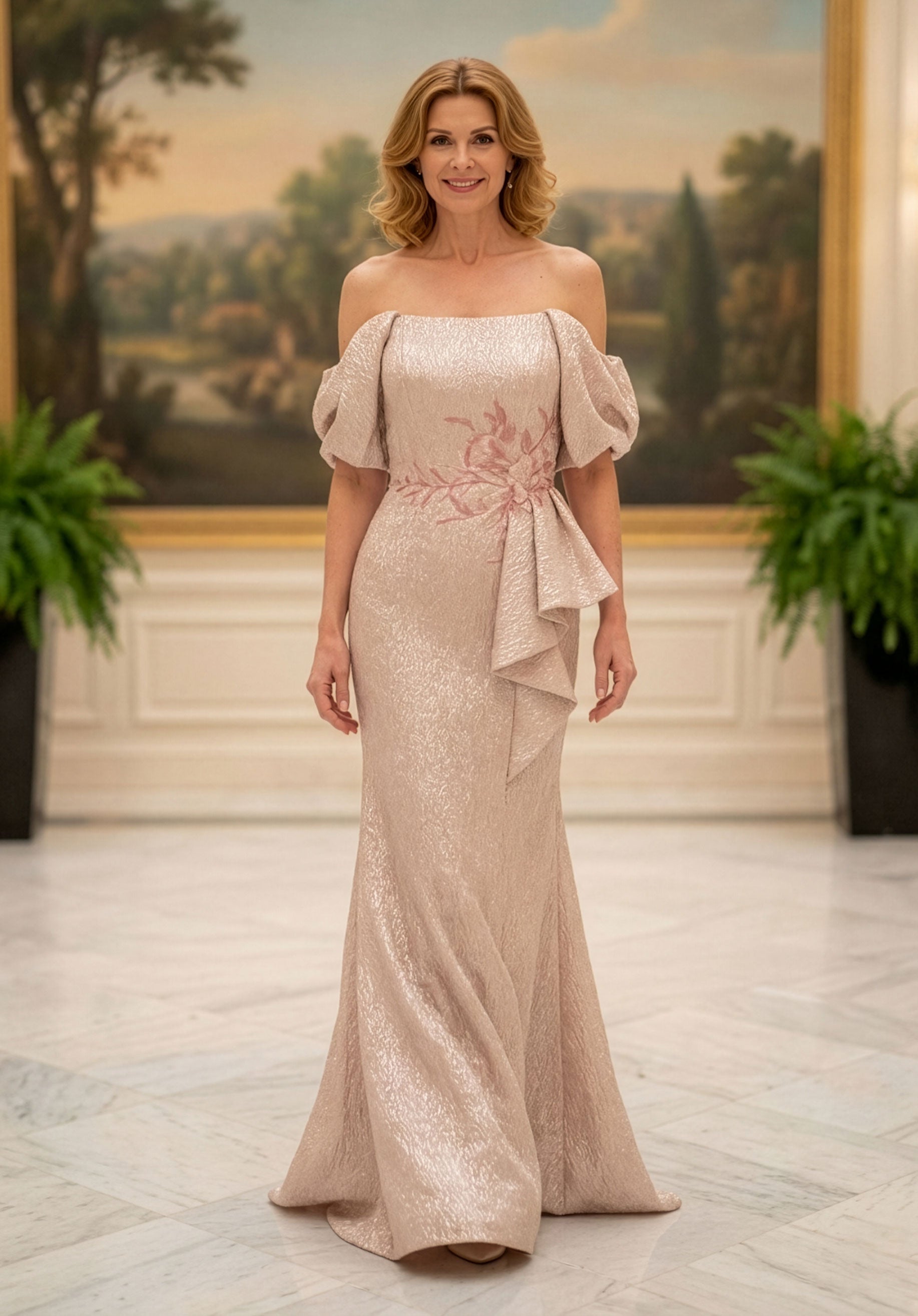 Off-the-Shoulder Floor-Length Sequin Formal Sheath Column MGNY Madeline Gardner New York 2070035