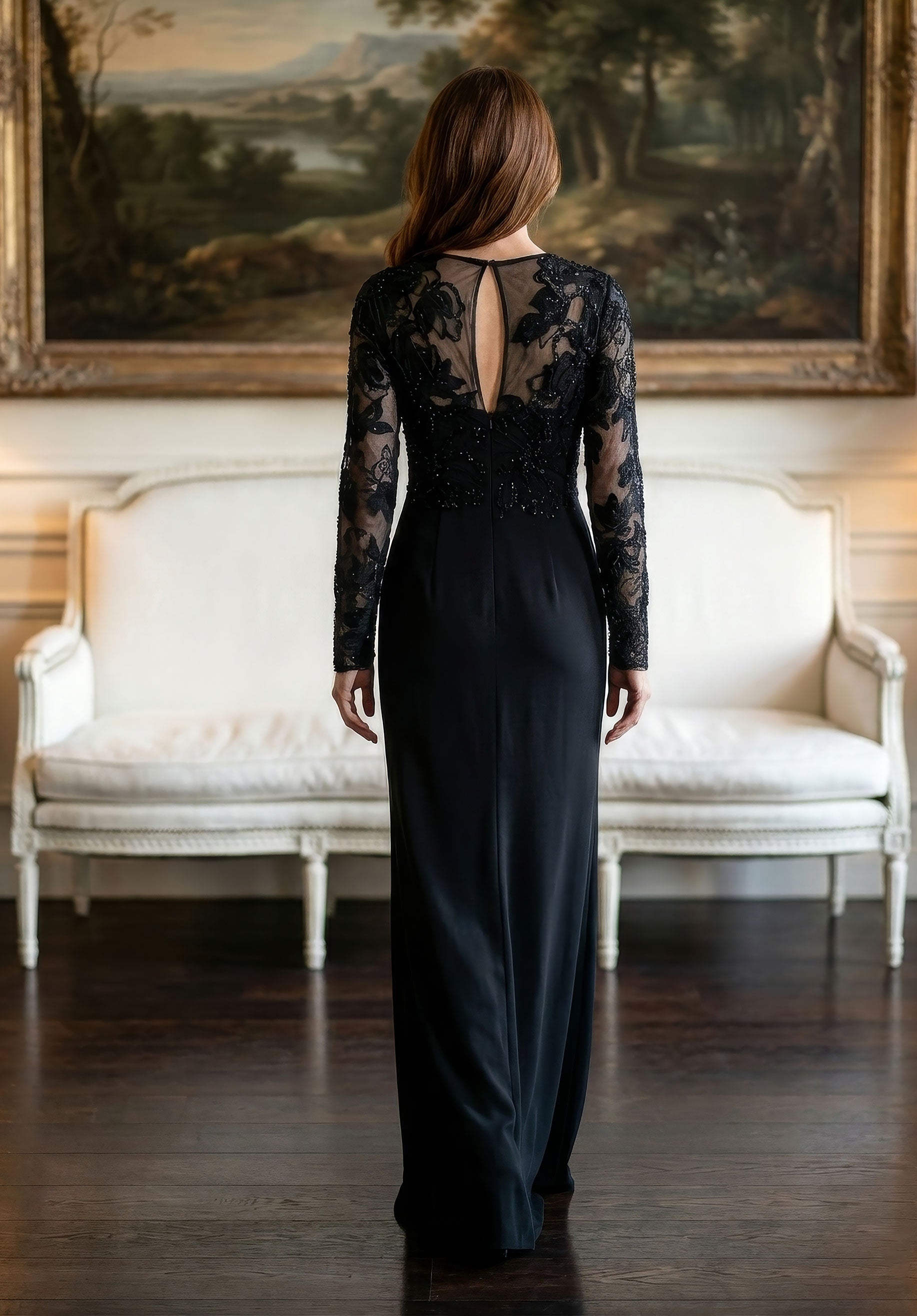 Illusion Floor-Length Lace Evening Sheath MGNY 2070037