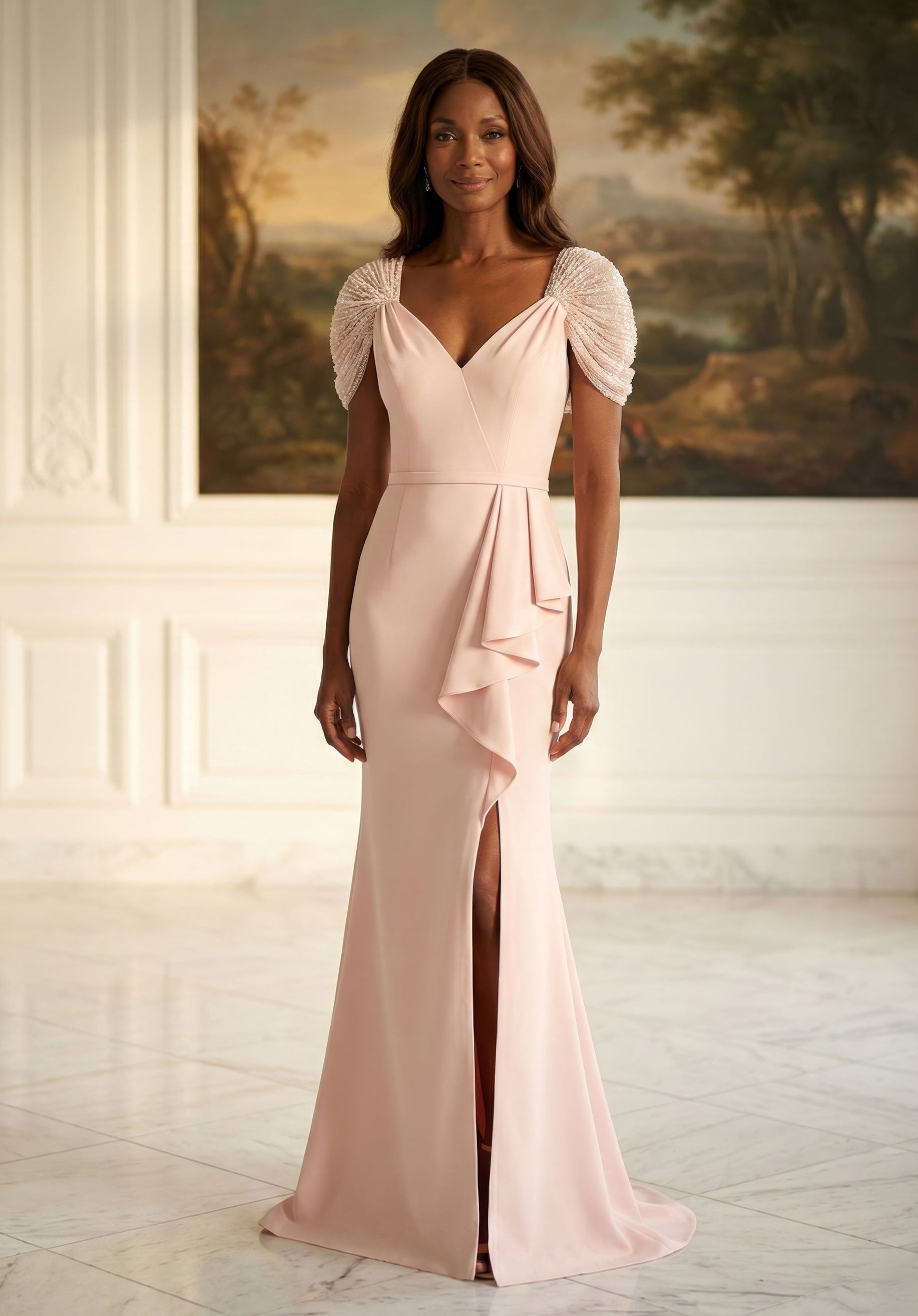 V-Neck Floor-Length Satin Formal Mermaid MGNY 2070048