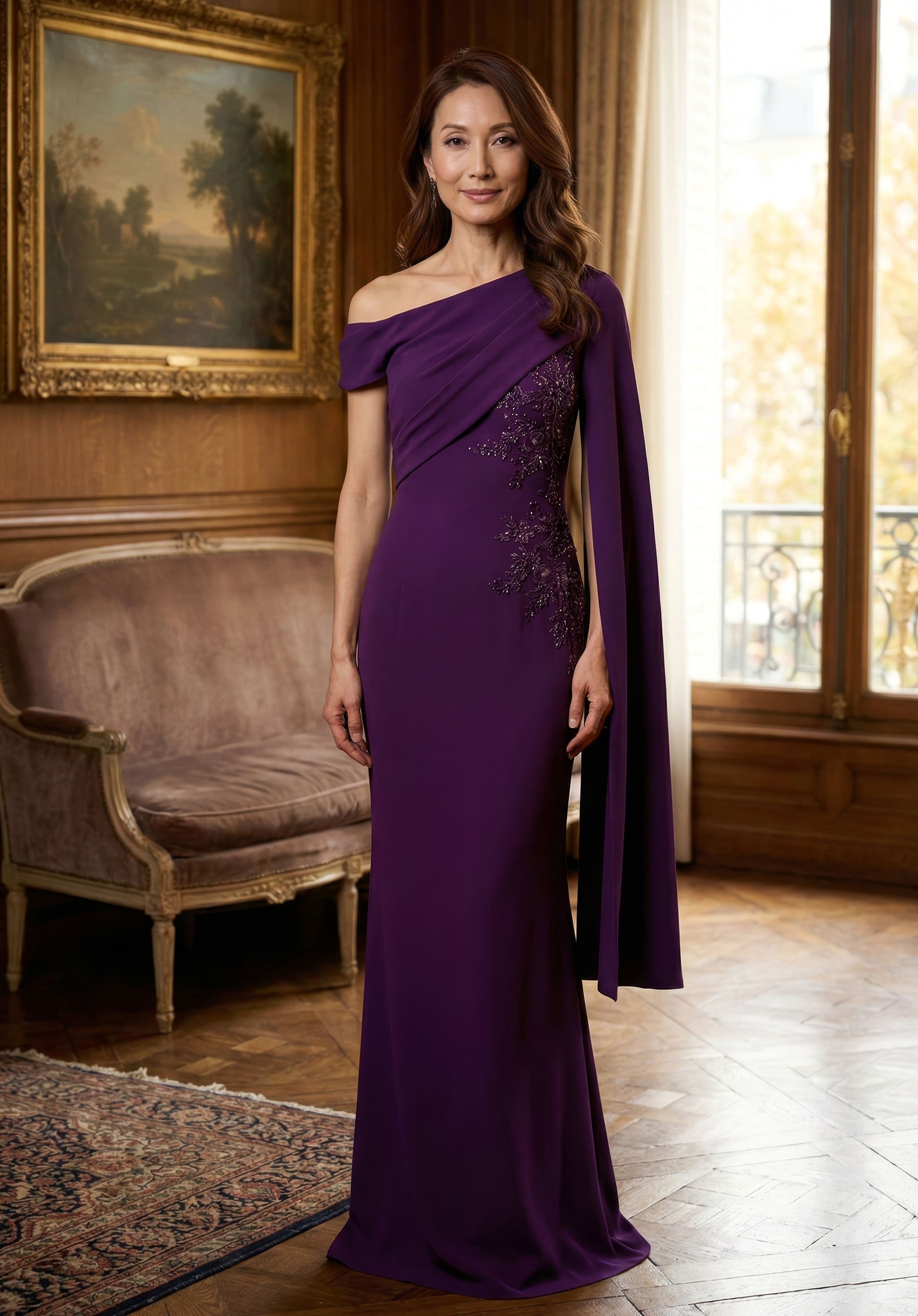 Off-the-Shoulder Floor-Length Jersey Formal Sheath MGNY 2070051