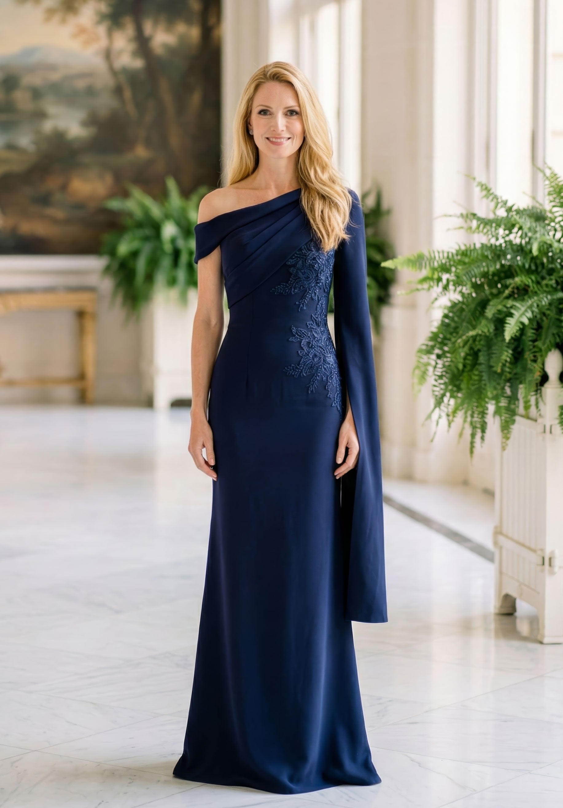 Off-the-Shoulder Floor-Length Jersey Formal Sheath MGNY 2070051