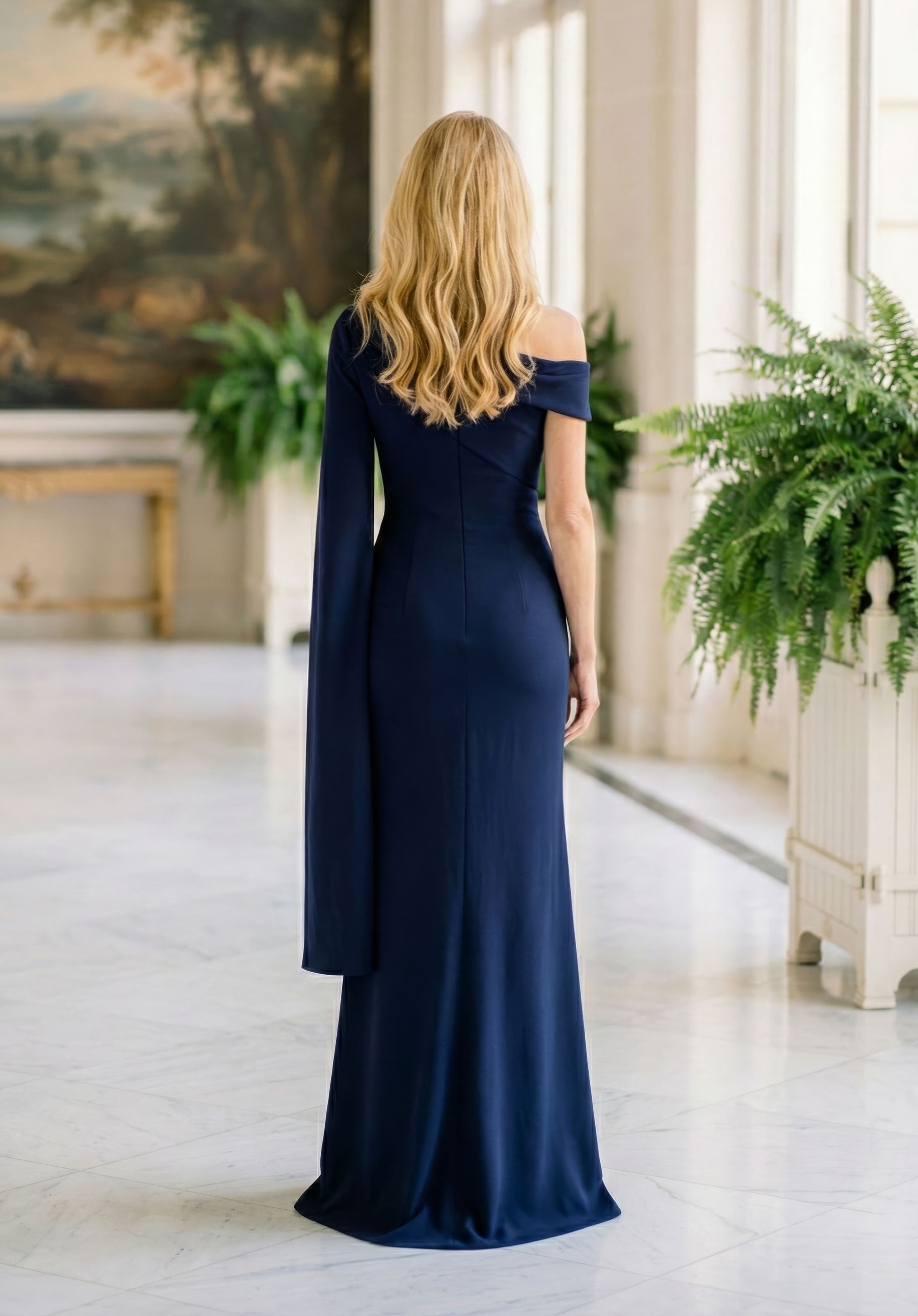 Off-the-Shoulder Floor-Length Jersey Formal Sheath MGNY 2070051