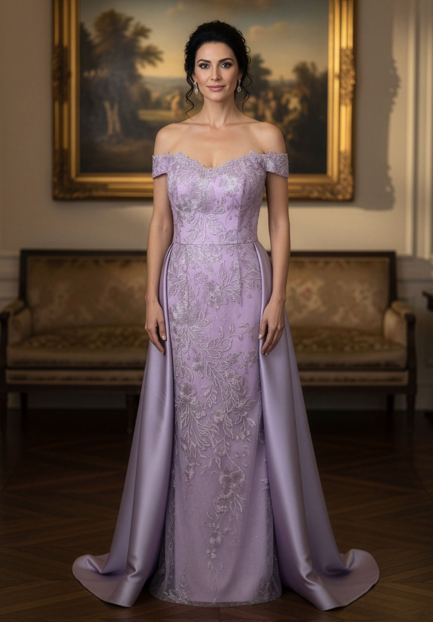 Off-the-Shoulder Floor-Length Satin Formal A-Line MGNY 2070056