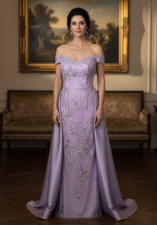 Off-the-Shoulder Floor-Length Satin Formal A-Line MGNY 2070056