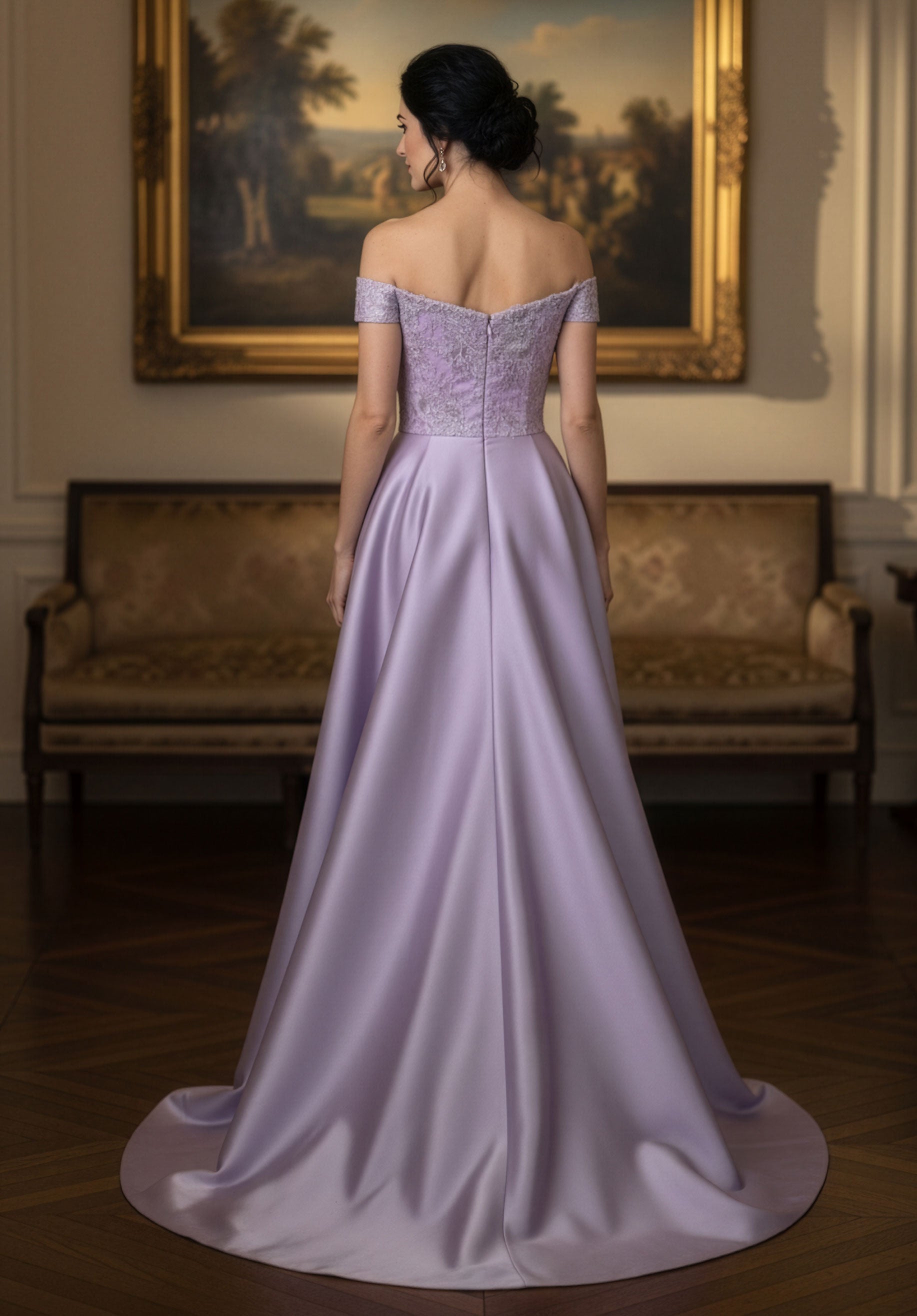 Off-the-Shoulder Floor-Length Satin Formal A-Line MGNY 2070056