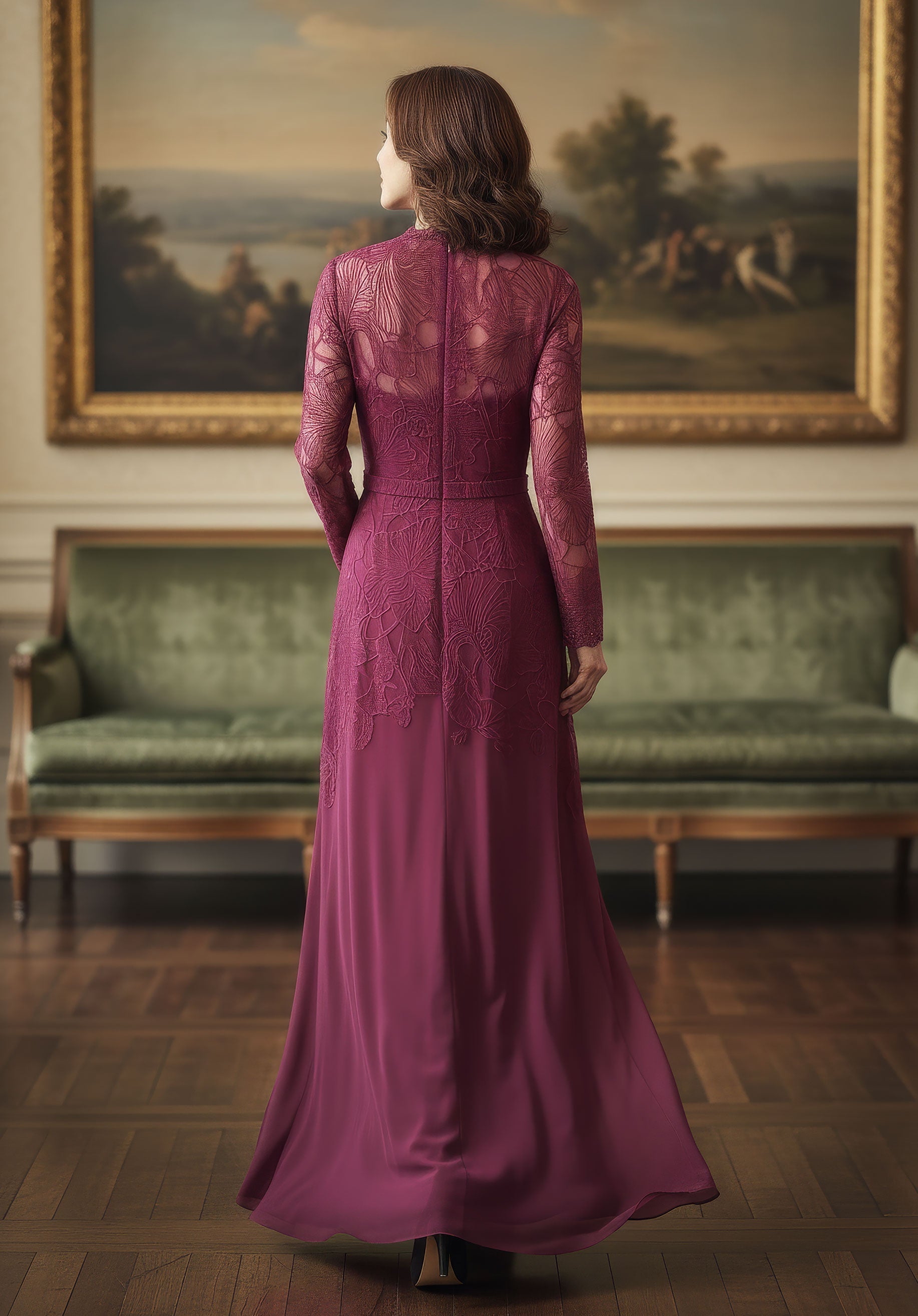 V-Neck Floor-Length Lace Formal Fit & Flare MGNY 2070060