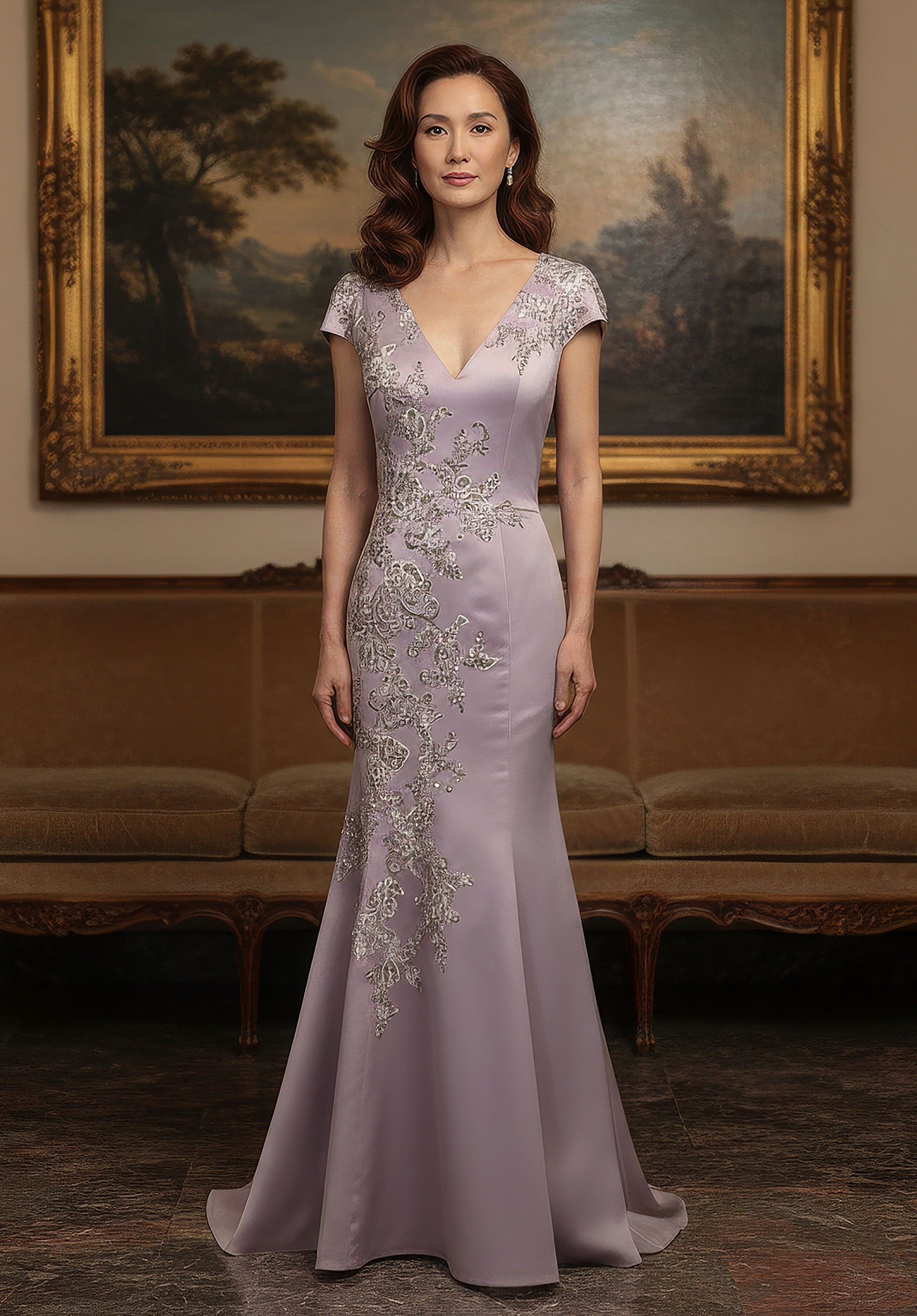 V-Neck Floor-Length Satin Formal Mermaid MGNY 2070061