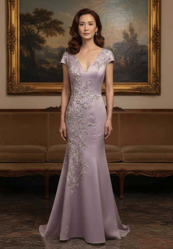 V-Neck Floor-Length Satin Formal Mermaid MGNY 2070061