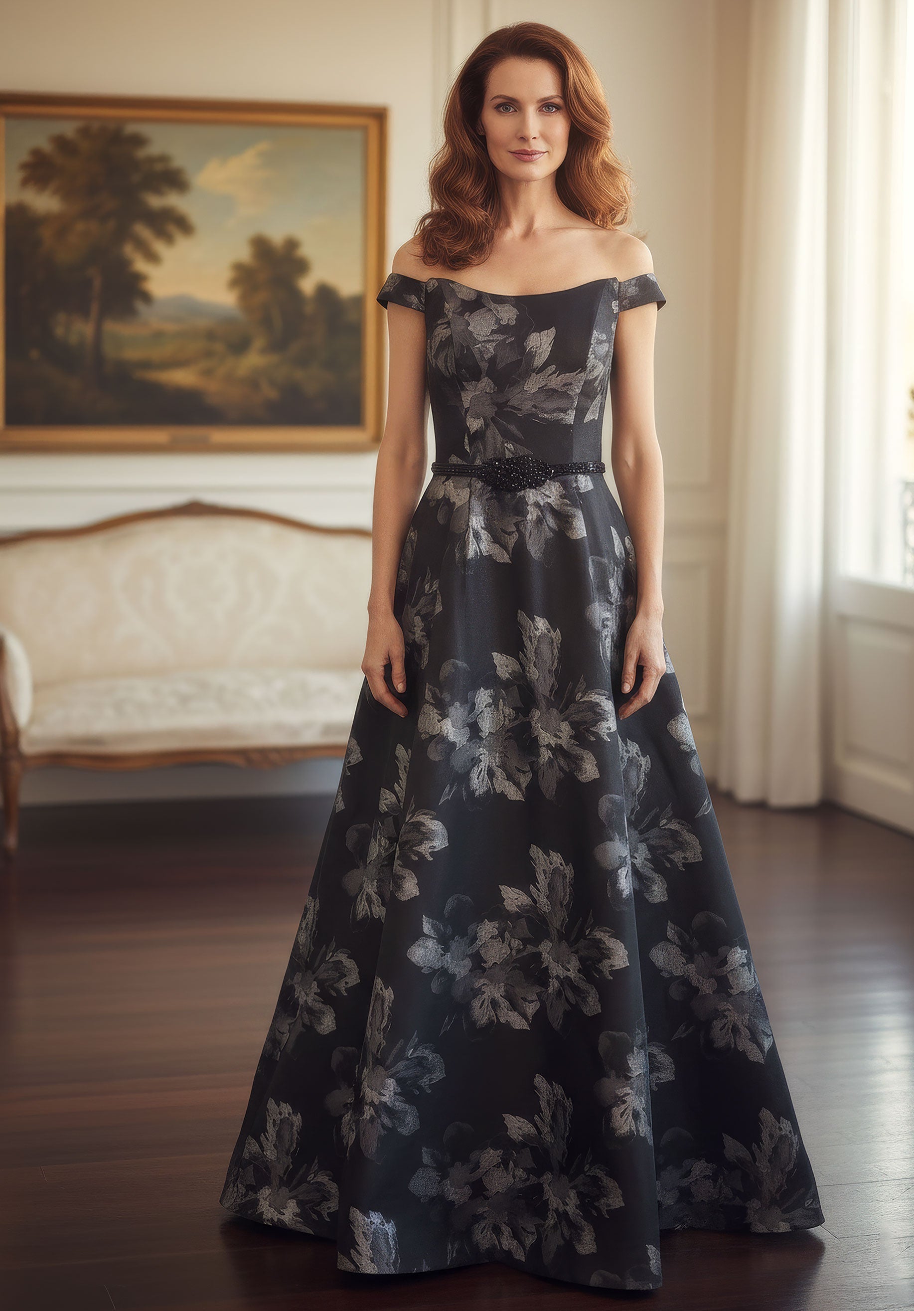 Off-the-Shoulder Floor-Length Satin Formal Ball Gown MGNY 2070064