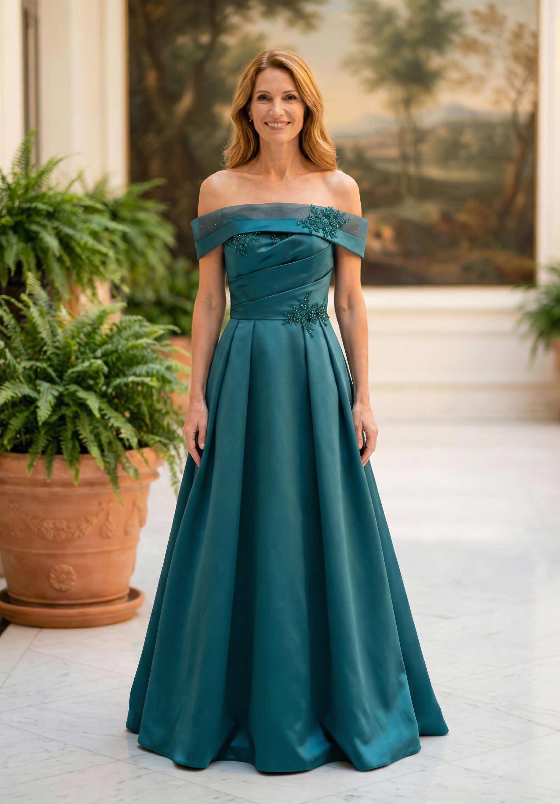 Off-the-Shoulder Floor-Length Satin Formal A-Line MGNY 2070065