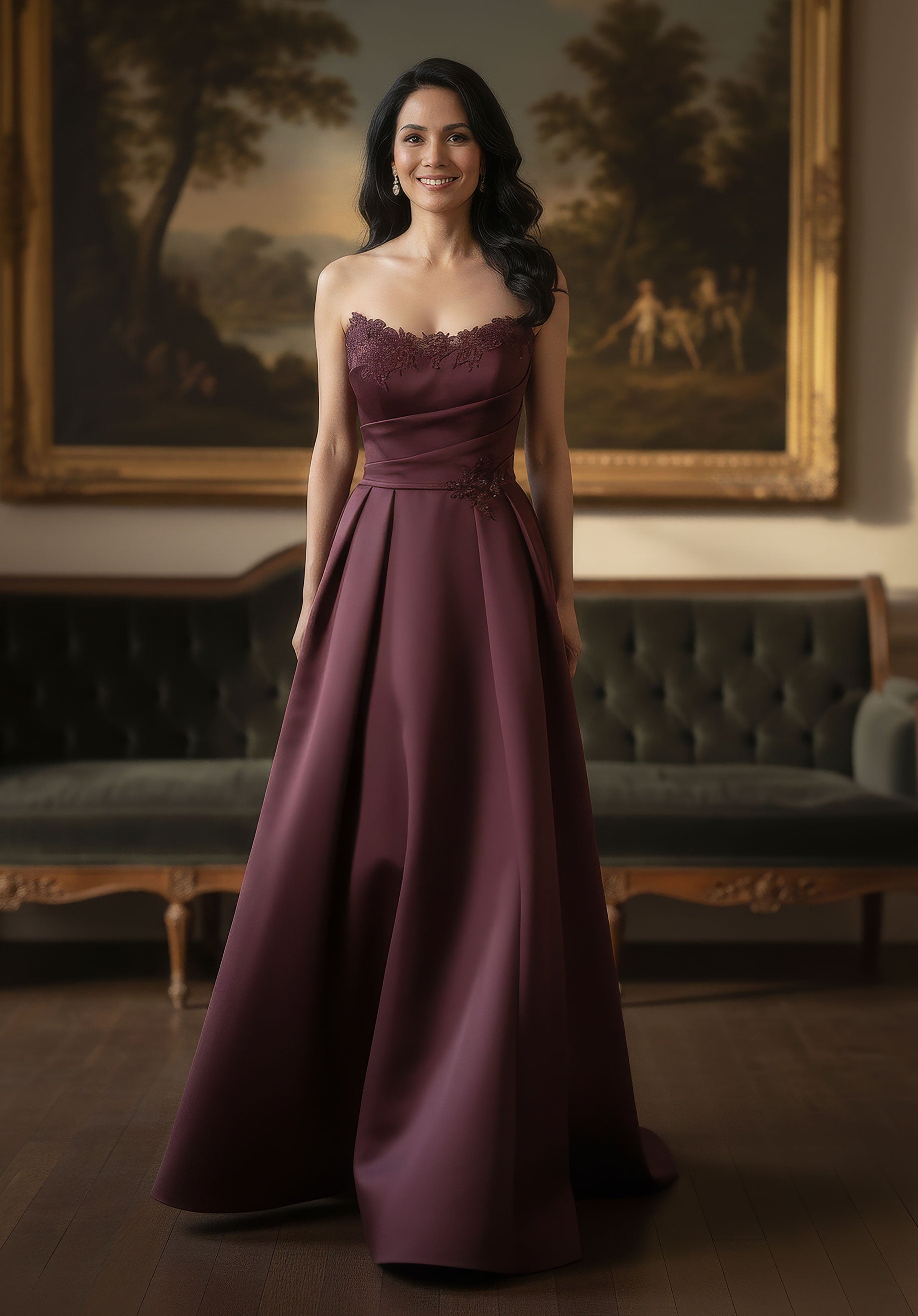 Off-the-Shoulder Floor-Length Satin Formal A-Line MGNY 2070065