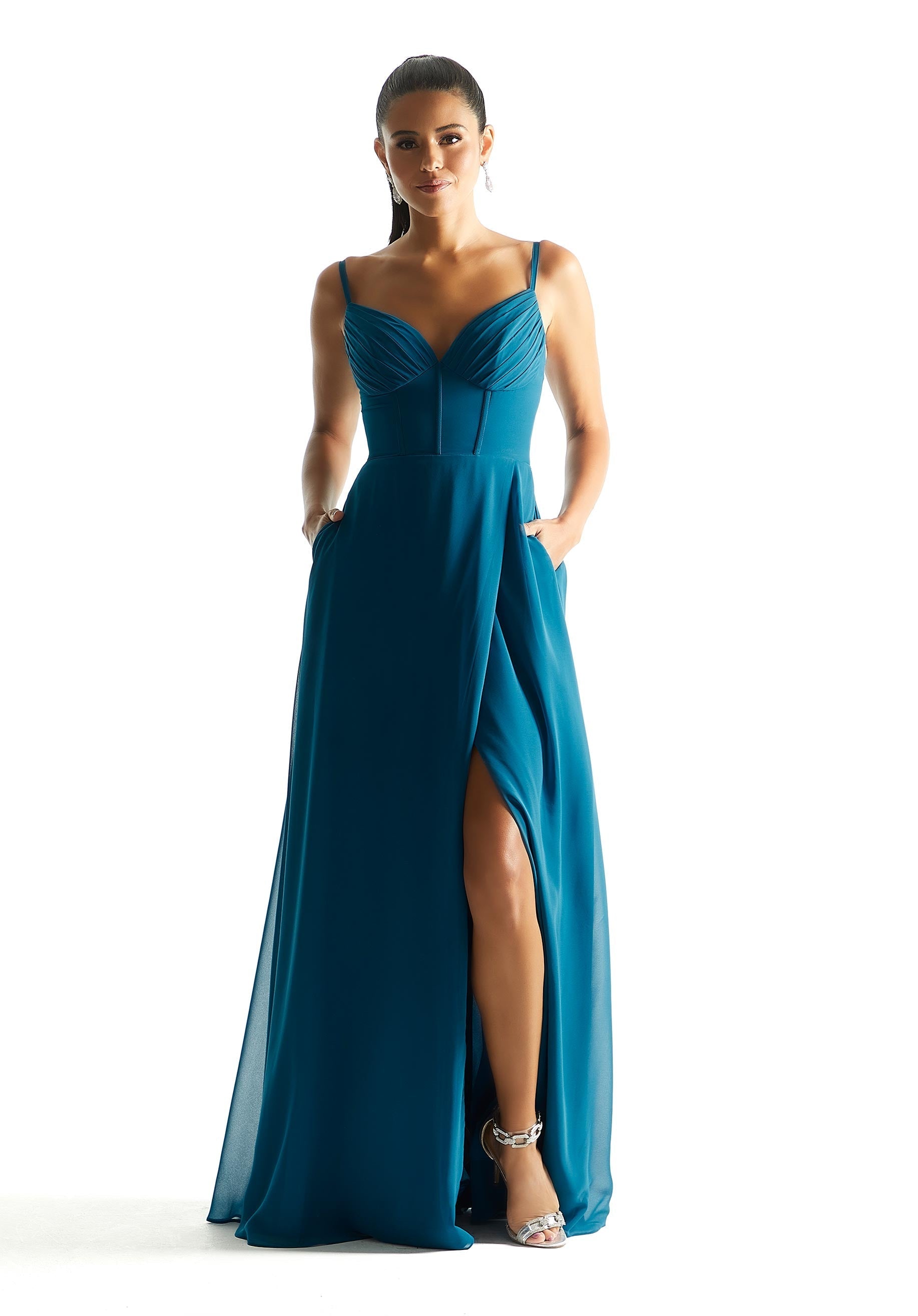 Formal Dresses Long Formal Corset A Line Pleated Dress MGNY Madeline Gardner New York 21853 Marine