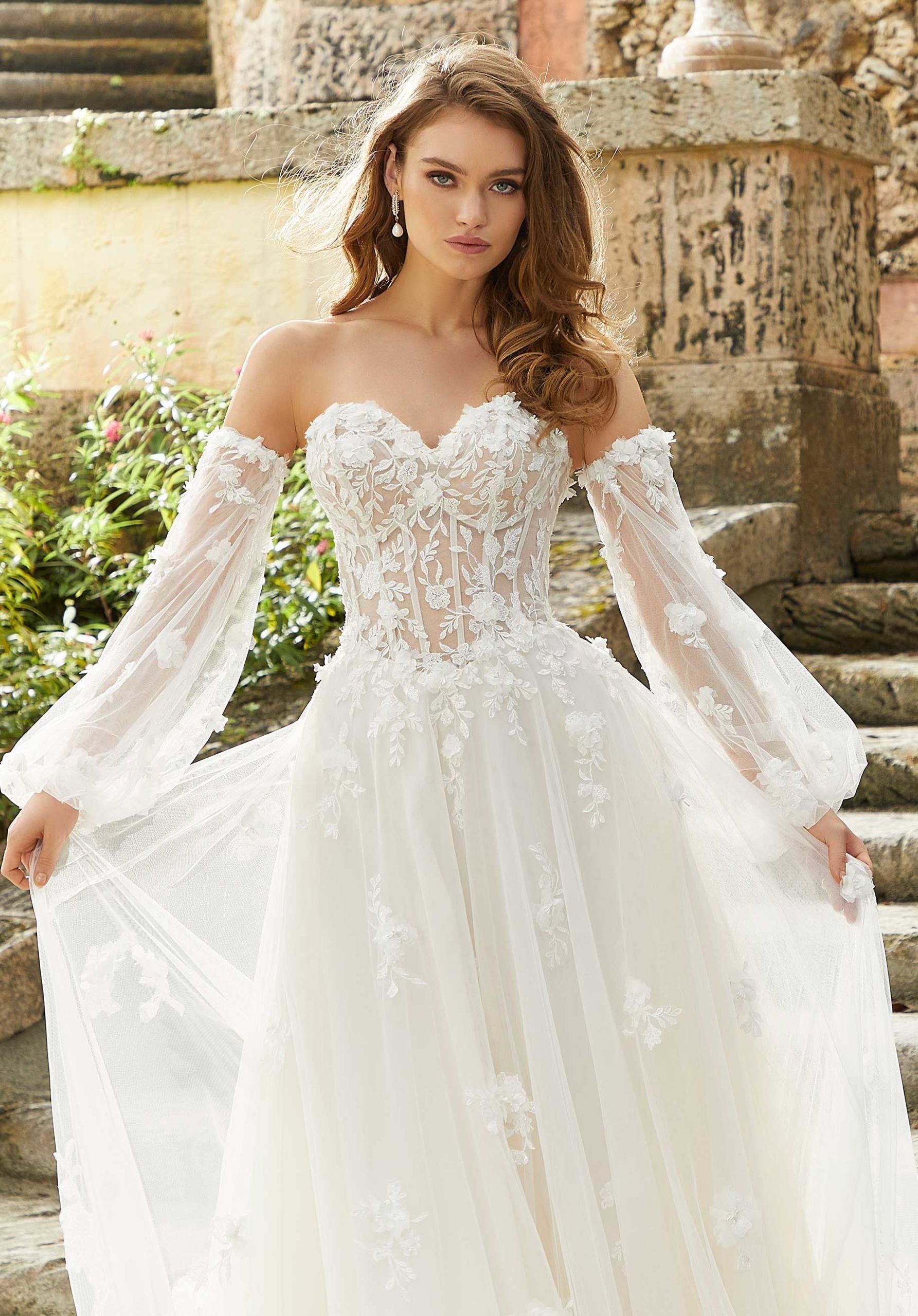 Wedding Dresses Long 3D Floral Lace Corset Bridal Wedding Dress MGNY Madeline Gardner New York 2461 Ivory/Prosecco/Honey