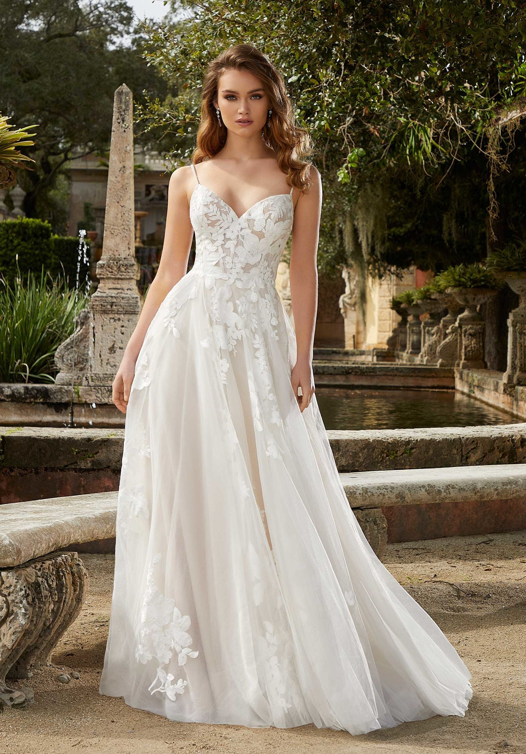 Wedding Dresses A Line Long Bridal Lace Beaded Wedding Dress MGNY Madeline Gardner New York 2464 Ivory/Champagne/Honey