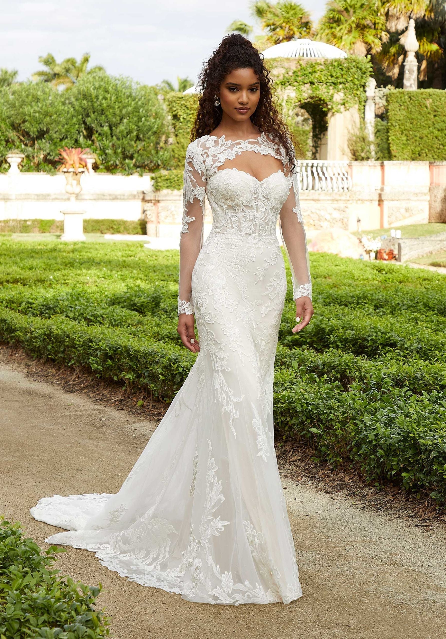 Wedding Dresses Long Sleeve Fitted Bridal Lace Corset Wedding Dress MGNY Madeline Gardner New York 2465 Ivory/Champagne/Honey