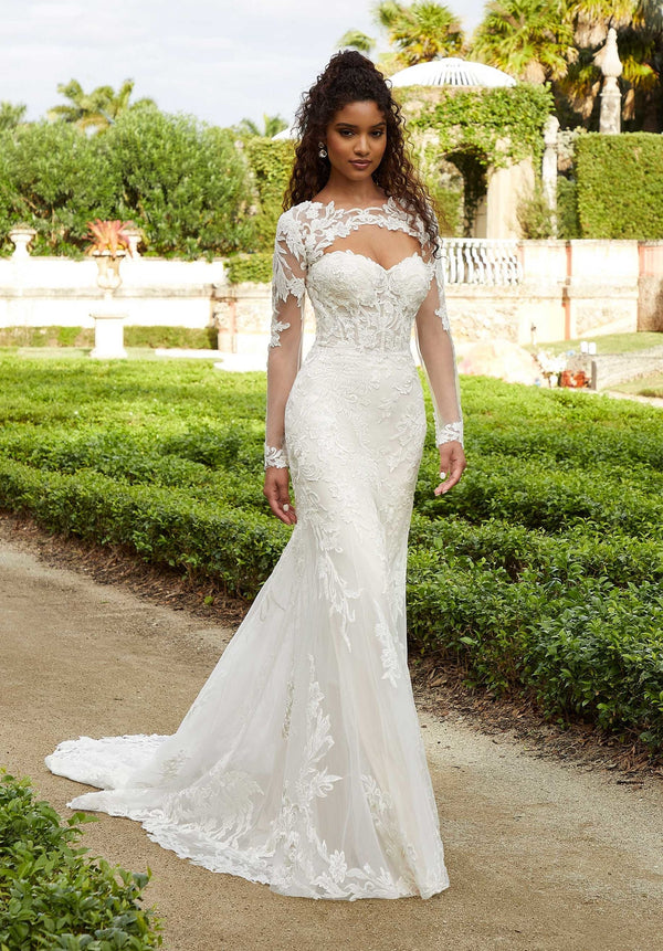 Long Sleeve Fitted Bridal Lace Corset Wedding Dress MGNY Madeline Gardner New York 2465