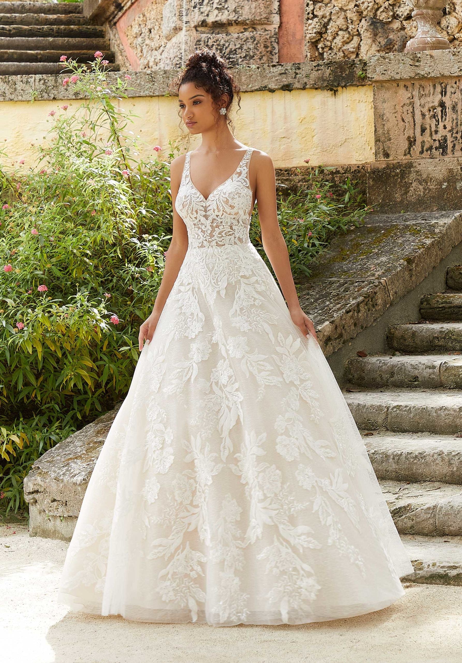 Wedding Dresses Long A Line Bridal Lace Wedding Dress MGNY Madeline Gardner New York 2466 Ivory/Latte/Honey