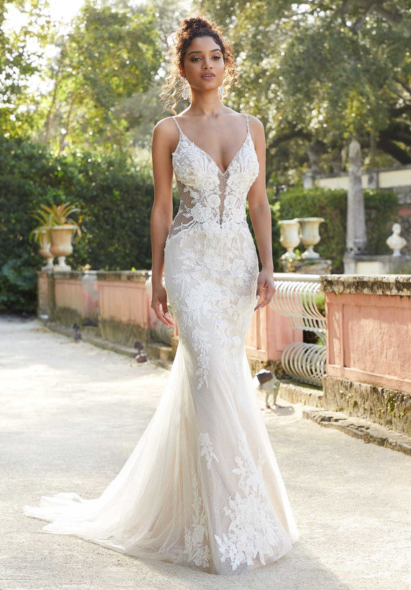 Long Fitted Glitter Bridal Lace Wedding Dress MGNY Madeline Gardner New York 2467