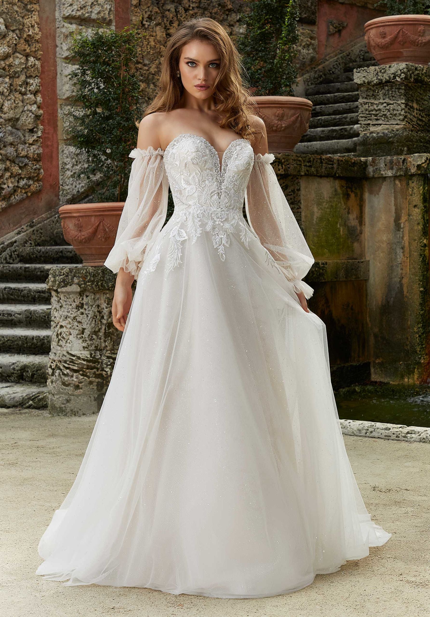 Wedding Dresses Long Sleeve A Line Bridal Lace Wedding Dress MGNY Madeline Gardner New York 2468 Ivory/Latte/Honey
